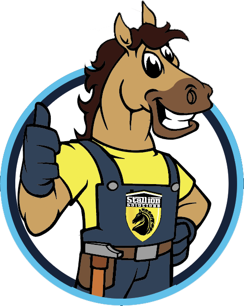 Cartoon stallion giving the thumbs-up and with Stallion Roofing & Solar Solutions logo on their shirt